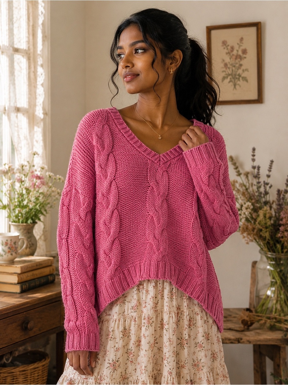 HYFVE Pink Cable Knit Sweater  Size L Oversized V-Neck Chunky Pullover NWT
